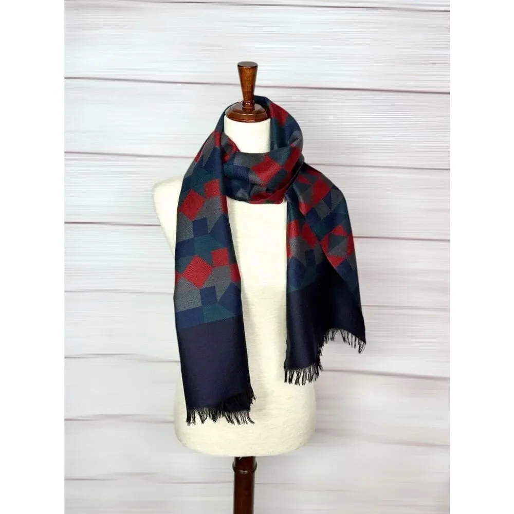 Vintage Wool Long Scarf Geometric Red Blue West Germany Men's Women's Winter